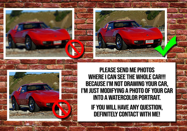 Custom car watercolor portrait. Car matte poster. Portrait from photo. Car painting.